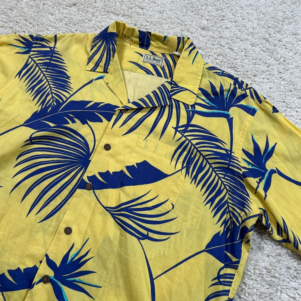 Vintage LL Bean Hawaiian Shirt XL Yellow Blue Tropical Palm Cotton Button Up USA